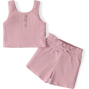 PATPAT Little Girls Summer Clothes Shorts Set Ribbed Tank Top Elastic Short 2 Piece Outfit 2-6Y