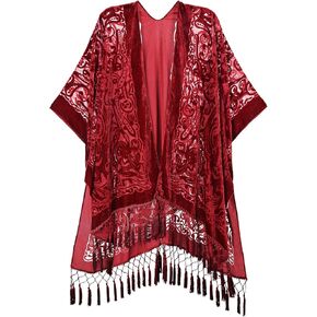 WeHello Women's Burnout Velvet Kimono Long Cardigan Cover Up with Tassel (Red)