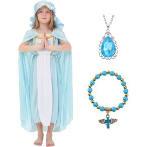 Girls Virgin Mary Costume Saint Mary Biblical Outfit Religious Nativity Dress for Kids with Cape and Headpiece