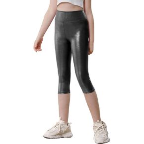 Girls Capri Leggings Stretchy Cropped Tights Metallic Dance Yoga Pants for Kids Teens Running Party