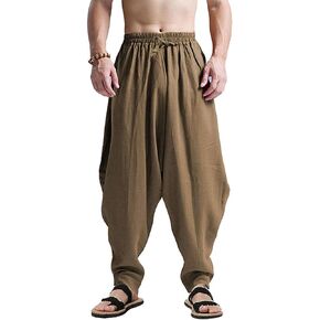 CLANMILUMS Men's Cotton Harem Pants Casual Loose Hippie Drop Crotch Trouser