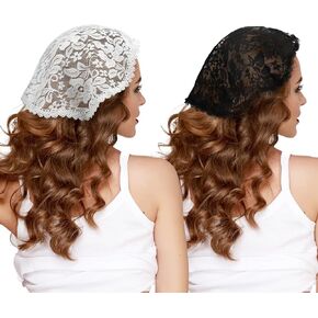 2 Pcs Lace Embroidery Head Coverings for Women Lace Chapel Cap Veils for Church Round Lace Mantilla, Black and White