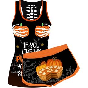 Women's Halloween Sleeveless Tank Top Set If You Like My Pumpkin Printing Drawstring Shorts Stretch Bottoms Suits