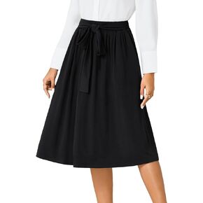 Women's Casual Tie Front High Waist Pleated A-Line Skirt with Pockets