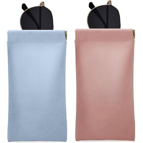 Glasses Case 2 Pcs Soft Squeeze Top Sunglass Pouch, Portable Leather Eyeglass Cases for Women