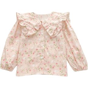 Girl's Long Sleeve Top Round Neck Ruffle Blouse Floral Print Button Down Shirt Top
