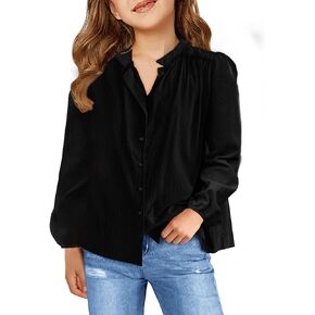 Haloumoning Girls Button Down Shirt Kids Long Sleeve V Neck Tshirts Cotton Cute Tops Blouse 5-14Y