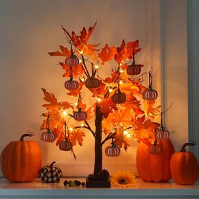 hogardeck Fall Decorations for Home, 24"2FT Lighted Maple Leaves Tree Fall Decor with 24LT Warm White LEDs, 12 Wood Pumpkin Ornaments Battery Powered Timer Artificial Trees for Autumn, Thanksgiving