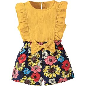 WDIRARA Toddler Girl's 2 Piece Outfit Ruffle Trim Tank Top and Floral Print Bow Front Shorts Set