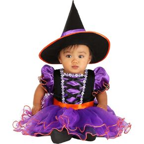 Infant Purple Ribbon Witch Costume - Satin Baby Velour Dress with Mesh Ruffles & Felt Hat, Halloween Skirt