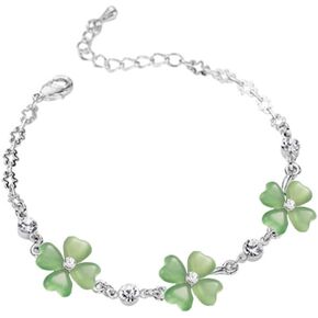 Unique Four Leaf Clover Bracelet for Women Girls Lucky Link Shamrock Bracelets Cute Cat Eye Crystal Jewelry Student Best Friend Christmas Birthday Gifts St.Patrick's Day Holiday Accessories