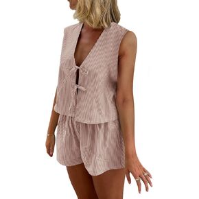 Women Y2k Summer Set 2 Piece Loungewear Set Sleeveless Tie Front Tank Top Vest Baggy Shorts Pj Set Vacation Set