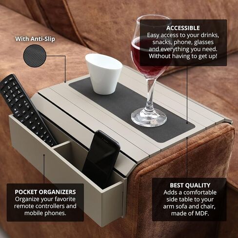 meistar Sofa Tray Table with EVA base. Remote Control and Cellphone Organizer Holder, Arm Rest Organizer, Arm Rest Table with Pockets. Fits over square chair arms. (Black) in Saudi Arabia