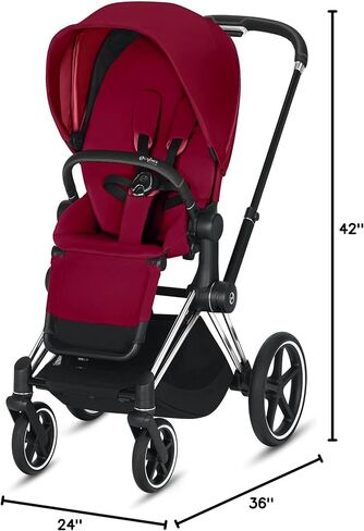 Cybex e-Priam Complete Stroller, Smart Assist Technology, Rocking Mode, One-Hand Compact Fold, Reversible Seat, Smooth Ride All-Wheel Suspension, True Red Seat with Chrome/Black Frame in Saudi Arabia