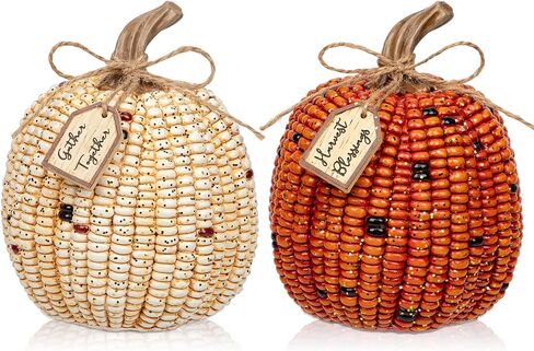 Briful Fall Decorative Corn Pumpkin Set – 3-in-1 Resin Pumpkins Harvest Décor Fake Corn Pumpkins Centerpiece for Thanksgiving Table Tiered Tray Outdoor Autumn Decorations in Saudi Arabia