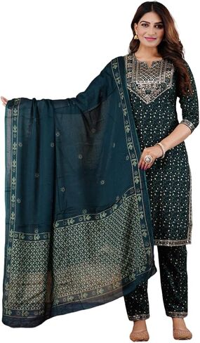 Women's Ethnic Wear Rayon Straight Embridered Kurti Pant Set with Dupatta in Saudi Arabia