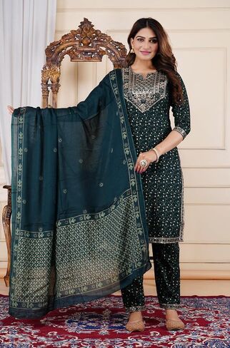 Women's Ethnic Wear Rayon Straight Embridered Kurti Pant Set with Dupatta in Saudi Arabia