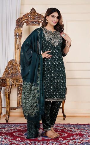 Women's Ethnic Wear Rayon Straight Embridered Kurti Pant Set with Dupatta in Saudi Arabia