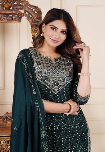Women's Ethnic Wear Rayon Straight Embridered Kurti Pant Set with Dupatta in Saudi Arabia