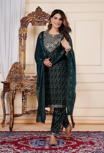 Women's Ethnic Wear Rayon Straight Embridered Kurti Pant Set with Dupatta in Saudi Arabia