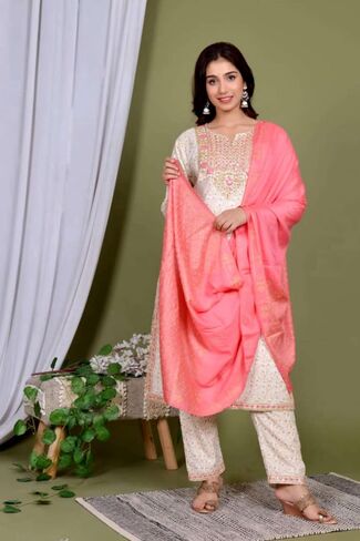 Women's Ethnic Wear Rayon Straight Embridered Kurti Pant Set with Dupatta in Saudi Arabia
