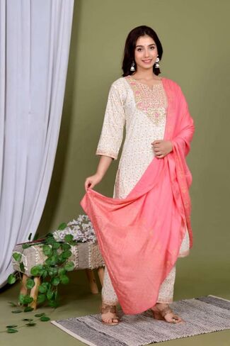 Women's Ethnic Wear Rayon Straight Embridered Kurti Pant Set with Dupatta in Saudi Arabia
