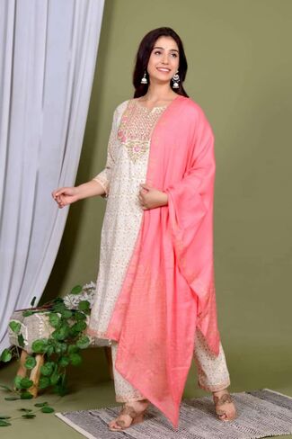 Women's Ethnic Wear Rayon Straight Embridered Kurti Pant Set with Dupatta in Saudi Arabia