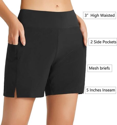 Women's 5" High Waisted Swim Board Shorts Quick Dry Beach Swimming Swimsuit Bottom with Pockets in Saudi Arabia