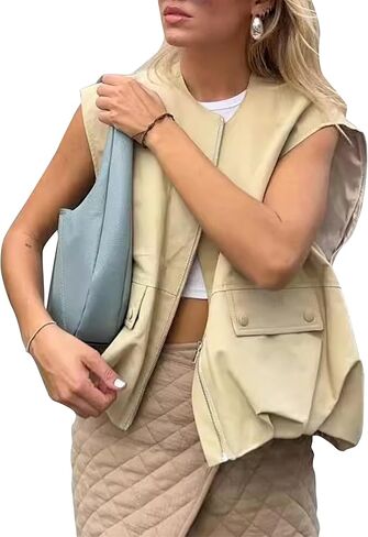 Women's Lightweight Zip Up Vest Cargo Oversized Sleeveless Ruched Hem Blazer Jackets Top with Pockets in Saudi Arabia