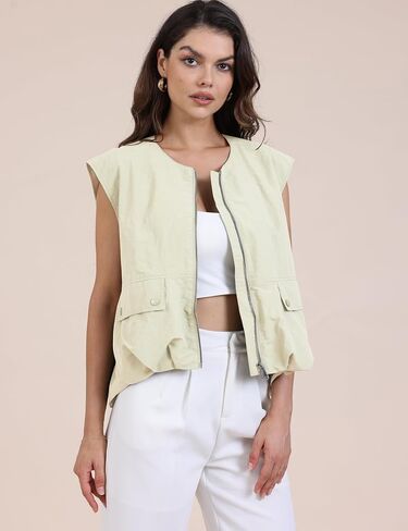 Women's Lightweight Zip Up Vest Cargo Oversized Sleeveless Ruched Hem Blazer Jackets Top with Pockets in Saudi Arabia