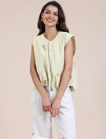 Women's Lightweight Zip Up Vest Cargo Oversized Sleeveless Ruched Hem Blazer Jackets Top with Pockets in Saudi Arabia