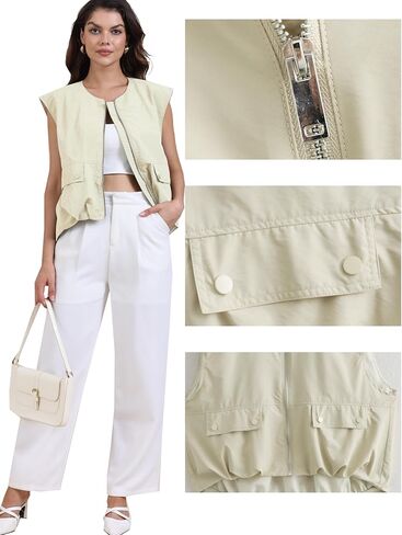 Women's Lightweight Zip Up Vest Cargo Oversized Sleeveless Ruched Hem Blazer Jackets Top with Pockets in Saudi Arabia