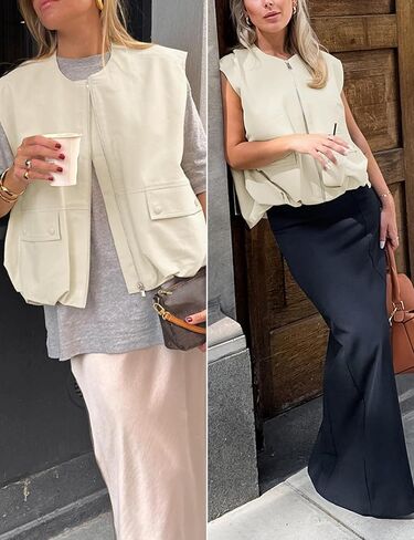 Women's Lightweight Zip Up Vest Cargo Oversized Sleeveless Ruched Hem Blazer Jackets Top with Pockets in Saudi Arabia