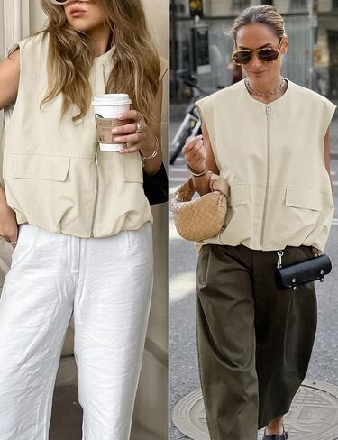 Women's Lightweight Zip Up Vest Cargo Oversized Sleeveless Ruched Hem Blazer Jackets Top with Pockets in Saudi Arabia