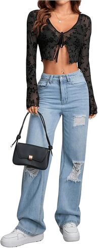 Milumia Women's Floral Print Tie Front Long Sleeve See Through Mesh Cardigan in Saudi Arabia