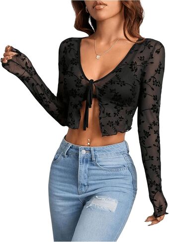 Milumia Women's Floral Print Tie Front Long Sleeve See Through Mesh Cardigan in Saudi Arabia