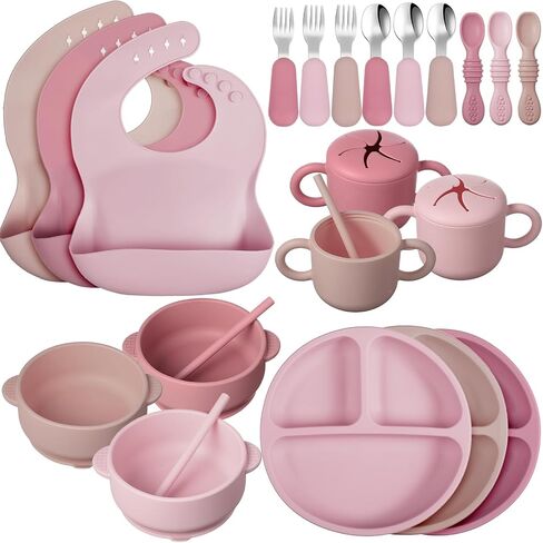 Yinder 24 Pack Silicone Baby Feeding Set Baby Led Weaning Essentials Suction Divided Plate Bowl Spoon Fork Adjustable Bib Snack Cup Straw for 6+ Months(Walnut Color, Beige, Smoky Gray) in Saudi Arabia
