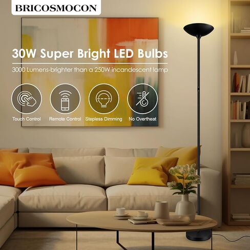Stepless Dimmable Floor Lamp,30W 3000LM Super Bright LED Torchiere Floor Lamps with Remote & Touch Control,71 in Tall Modern Standing Lamp for Living Room Bedroom Office,2700k-6500k,Black in Saudi Arabia
