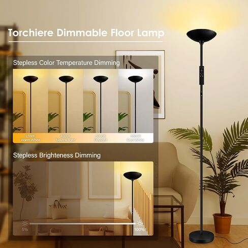 Stepless Dimmable Floor Lamp,30W 3000LM Super Bright LED Torchiere Floor Lamps with Remote & Touch Control,71 in Tall Modern Standing Lamp for Living Room Bedroom Office,2700k-6500k,Black in Saudi Arabia