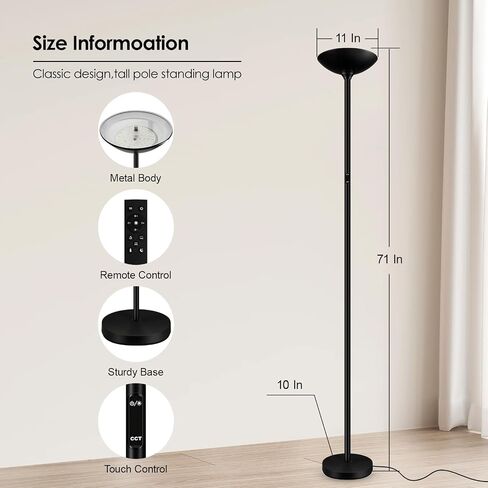 Stepless Dimmable Floor Lamp,30W 3000LM Super Bright LED Torchiere Floor Lamps with Remote & Touch Control,71 in Tall Modern Standing Lamp for Living Room Bedroom Office,2700k-6500k,Black in Saudi Arabia