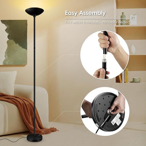 Stepless Dimmable Floor Lamp,30W 3000LM Super Bright LED Torchiere Floor Lamps with Remote & Touch Control,71 in Tall Modern Standing Lamp for Living Room Bedroom Office,2700k-6500k,Black in Saudi Arabia