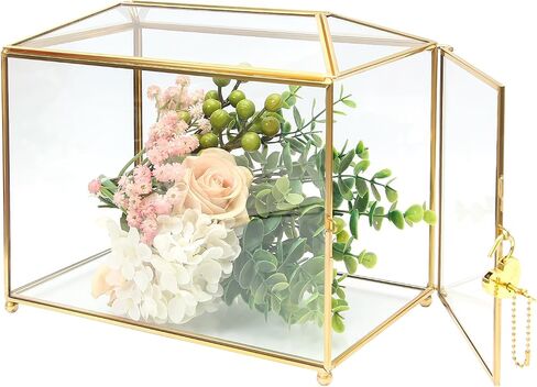 10.2'' Handmade Gold Geometric Terrarium - Glass Wedding Card Box with Slot and Lock- Large Clear Display Box for Wedding Reception, Wishwell, Keepsake in Saudi Arabia