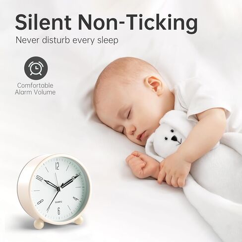Analog Alarm Clock, 4 inch Super Silent Non Ticking Small Clock with Night Light, Battery Operated, Simple Design, Old Fashioned Style Black Decor, for Bedroom, Bedside, Desk, Adult, Kid, Gift, Black in Kuwait
