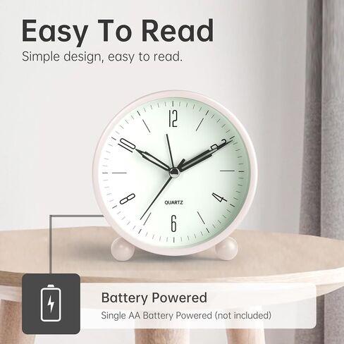 Analog Alarm Clock, 4 inch Super Silent Non Ticking Small Clock with Night Light, Battery Operated, Simple Design, Old Fashioned Style Black Decor, for Bedroom, Bedside, Desk, Adult, Kid, Gift, Black in Kuwait