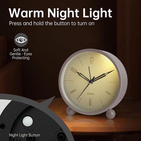Analog Alarm Clock, 4 inch Super Silent Non Ticking Small Clock with Night Light, Battery Operated, Simple Design, Old Fashioned Style Black Decor, for Bedroom, Bedside, Desk, Adult, Kid, Gift, Black in Kuwait