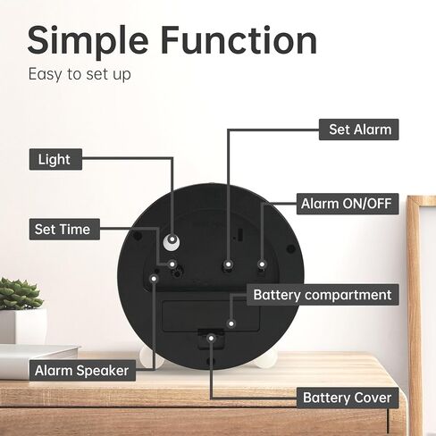 Analog Alarm Clock, 4 inch Super Silent Non Ticking Small Clock with Night Light, Battery Operated, Simple Design, Old Fashioned Style Black Decor, for Bedroom, Bedside, Desk, Adult, Kid, Gift, Black in Kuwait