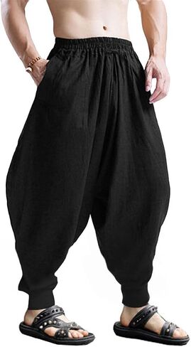 CLANMILUMS Men's Cotton Harem Pants Casual Loose Hippie Drop Crotch Trouser in Saudi Arabia
