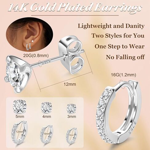 6Pairs S925 Sterling Silver Huggie Hoop Earrings for Women 14K Gold Plated Tiny CZ Stud Earrings Hypoallergenic Sterling Silver Earrings for Multiple Piercing in Saudi Arabia