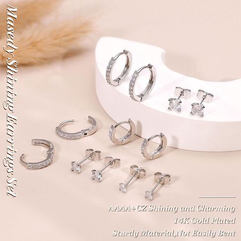 6Pairs S925 Sterling Silver Huggie Hoop Earrings for Women 14K Gold Plated Tiny CZ Stud Earrings Hypoallergenic Sterling Silver Earrings for Multiple Piercing in Saudi Arabia