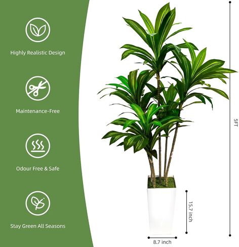 Artificial Dracaena Tree 5FT, Faux Tree with White Pot Fake Tropical Plant for Home Office Living Room Decor Outdoor Indoor (Dracaena Tree) in Saudi Arabia